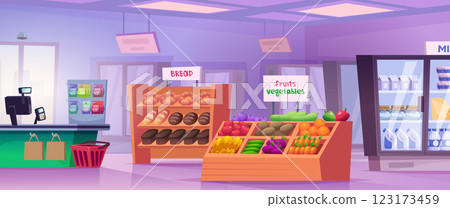 Grocery mall. Interior set of different grocery products in shopping mall exact vector cartoon background 123173459