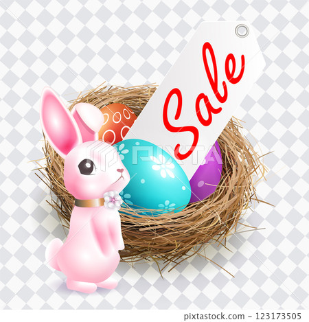 Drawing with nest, Easter eggs and cute pink bunny, design element 123173505