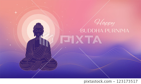 Buddha Purnima, Vesak Day concept design with Buddha and lotus illustration, abstract background 123173517