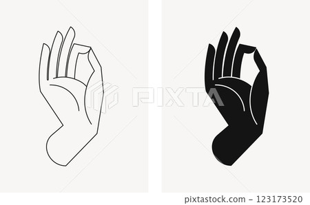 Hand of Buddha. Buddhism symbol, Yoga mudra, Hinduism, Spirituality. Black and white illustration 123173520