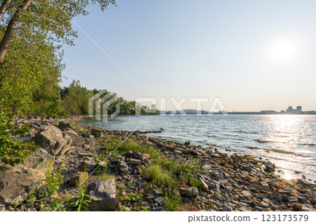 View of Marie-Victorin Park (Parc Marie-Victorin) in Longueuil, Quebec, Canada. This linear park, stretching over 5.5 kilometers, situated between the Route 132 highway and the Saint-Lawrence River. 123173579
