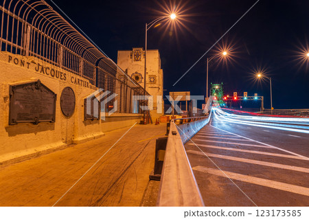 Jacques Cartier Bridge (Pont Jacques-Cartier) illuminated at night. Traffic on the bridge with the car light trails. Montreal, Quebec, Canada. Jacques Cartier Bridge (Pont Jacques-Cartier) illuminated at night. Traffic on the bridge with the car light trails. Montreal, Quebec, Canada. 123173585