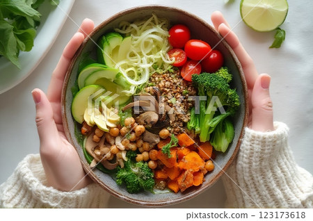 Nourishing Plant-Based Buddha Bowl with Ancient Grains and Seasonal Vegetables A Contemporary Wholesome Dining Experience Captured in Natural Light Nourishing Plant-Based Buddha Bowl with Ancient Grains and Seasonal Vegetables A Contemporary Wholesome Dining Experience Captured in Natural Light 123173618