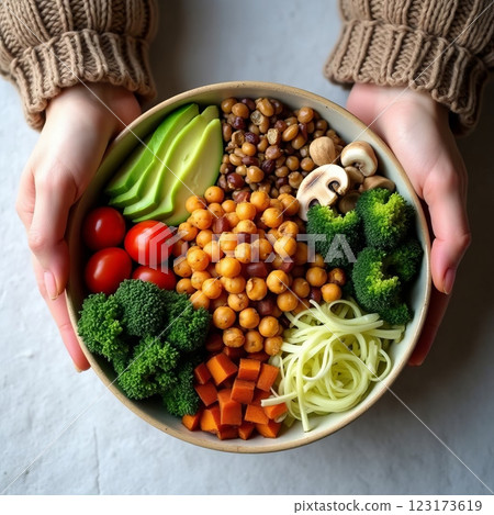 Nourishing Plant-Based Buddha Bowl with Ancient Grains and Seasonal Vegetables A Contemporary Wholesome Dining Experience Captured in Natural Light Nourishing Plant-Based Buddha Bowl with Ancient Grains and Seasonal Vegetables A Contemporary Wholesome Dining Experience Captured in Natural Light 123173619