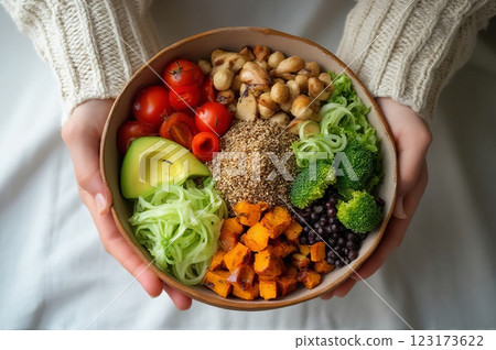 Nourishing Plant-Based Buddha Bowl with Ancient Grains and Seasonal Vegetables A Contemporary Wholesome Dining Experience Captured in Natural Light Nourishing Plant-Based Buddha Bowl with Ancient Grains and Seasonal Vegetables A Contemporary Wholesome Dining Experience Captured in Natural Light 123173622