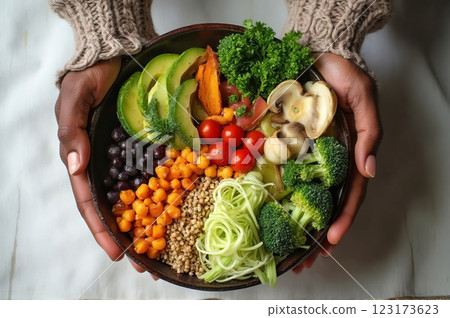 Nourishing Plant-Based Buddha Bowl with Ancient Grains and Seasonal Vegetables A Contemporary Wholesome Dining Experience Captured in Natural Light 123173623