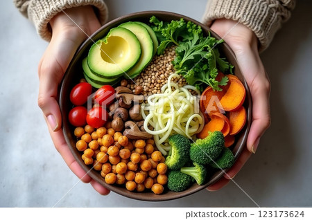 Nourishing Plant-Based Buddha Bowl with Ancient Grains and Seasonal Vegetables A Contemporary Wholesome Dining Experience Captured in Natural Light Nourishing Plant-Based Buddha Bowl with Ancient Grains and Seasonal Vegetables A Contemporary Wholesome Dining Experience Captured in Natural Light 123173624