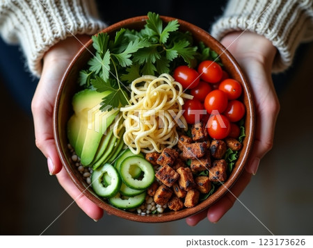 Nourishing Plant-Based Buddha Bowl with Ancient Grains and Seasonal Vegetables A Contemporary Wholesome Dining Experience Captured in Natural Light Nourishing Plant-Based Buddha Bowl with Ancient Grains and Seasonal Vegetables A Contemporary Wholesome Dining Experience Captured in Natural Light 123173626