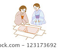 兩名身穿圖案和服的女子展開包裝紙檢查自己的和服 123173692