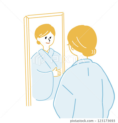 鏡子前穿著藍色和服的時尚女性 鏡子前穿著藍色和服的時尚女性 123173693