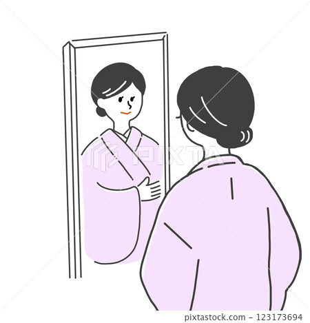 鏡子前一位身穿粉紅色和服的黑髮女子 鏡子前一位身穿粉紅色和服的黑髮女子 123173694