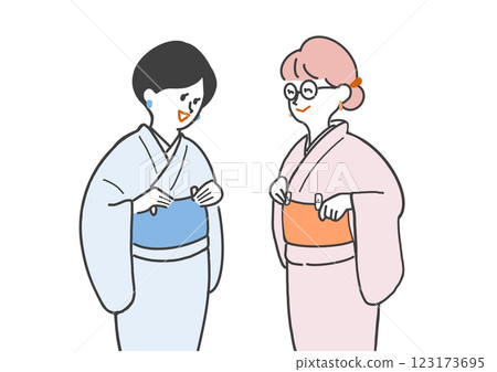 Two smiling women practicing dressing in kimono 123173695
