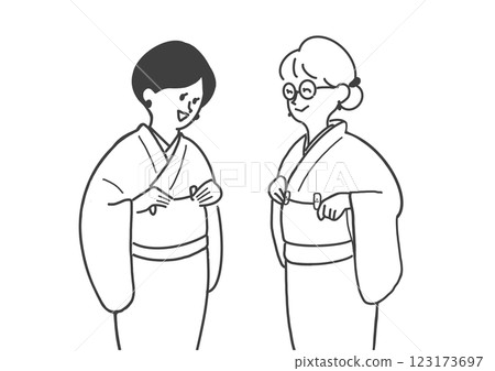 Line drawing of two smiling women practicing dressing 123173697