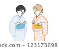 兩名女子練習穿上圖案和服 123173698