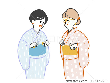 兩名女子練習穿上圖案和服 123173698