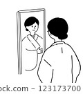 黑髮女子在鏡子前穿和服的線條畫 123173700