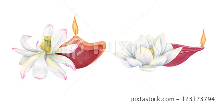 Oil Diya Lamp with burning yellow flame and white lotus flower watercolor illustration clip art. Traditional Happy Deepavali festival set. Holiday glowing candle for religious celebration poster 123173794