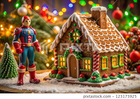 gingerbread house with fairy tale characters figures nearby 123173925