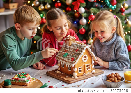 Children sit at the table and decorate a gingerbread house 123173938