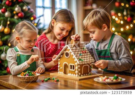 Children sit at the table and decorate a gingerbread house 123173939