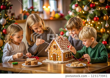Children sit at the table and decorate a gingerbread house 123173941