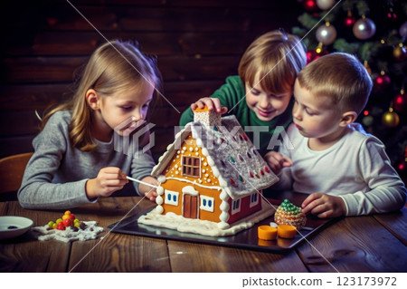Children sit at the table and decorate a gingerbread house Children sit at the table and decorate a gingerbread house 123173972