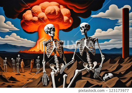 There are human skeletons in the background of a nuclear explosion. The concept of apocalypse, the end of the world. 123173977