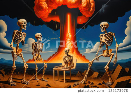 There are human skeletons in the background of a nuclear explosion. The concept of apocalypse, the end of the world. 123173978