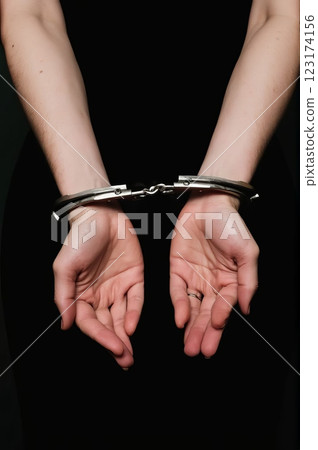 Close-Up of Restrained Hands in Handcuffs Behind Back 123174156
