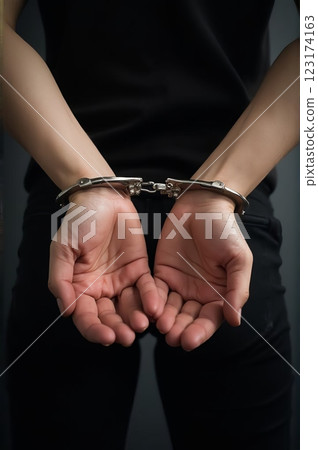 Close-Up of Restrained Hands in Handcuffs Behind Back 123174163
