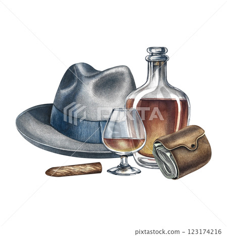 Cognac, expensive cigarettes, a purse and a man's hat. Handmade watercolor illustration. A vintage-style color image with a men's theme. A rich and well-off man. For banner, flyer, invitation, poster Cognac, expensive cigarettes, a purse and a man's hat. Handmade watercolor illustration. A vintage-style color image with a men's theme. A rich and well-off man. For banner, flyer, invitation, poster 123174216