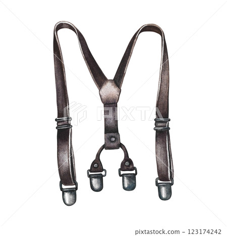 Suspenders for trousers. Handmade watercolor illustration. A color image of a men's accessory. Separate from the background. Perfect for posters, postcards and banners, flyers, packages and labels. 123174242