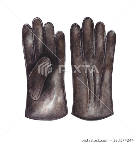 Vintage men's gloves. Handmade watercolor illustration. A color image of a leather accessory. Separate from the background. Perfect for posters, postcards and banners, flyers, packages and labels. Vintage men's gloves. Handmade watercolor illustration. A color image of a leather accessory. Separate from the background. Perfect for posters, postcards and banners, flyers, packages and labels. 123174244