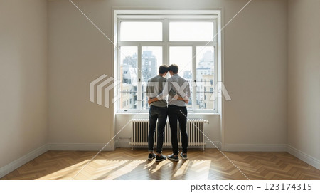 New Beginnings Young Couple Embracing Their Future Home During Apartment Viewing 123174315
