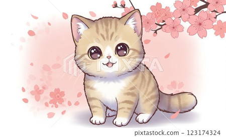 以櫻花為背景的可愛小貓 123174324