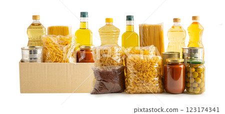 Foodstuffs in donation box for volunteer isolated on white background. 123174341