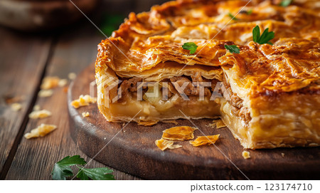 freshly baked layered meat and vegetable pie with crispy caramelized crust on rustic wooden board, golden flaky top with delicate layers, crunchy crumbs scattered, warm lighting, concept of bakery, 123174710