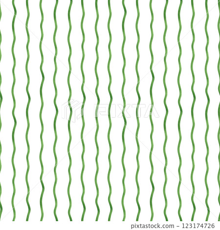 Green watercolor vertical wave stripes seamless pattern isolated background. Hand drawn curly brush stroke, simple lines ornate illustration. Spring naive ornate for kitchen textile, canvas 123174726