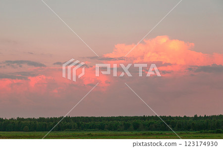 Beautiful sunset with a lake and sky in the background 123174930