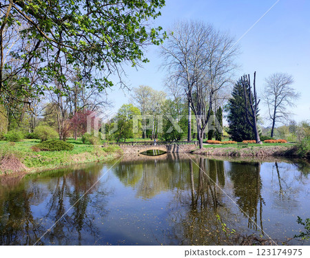 A small lake with a surface reflecting the blue sky, a stone bridge and many trees with bright green leaves in a park on sunny spring day. Pond, lawns with green grass in the park. Beautiful landscape 123174975