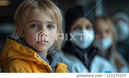 A young child in a yellow jacket gazes into the camera while two people wearing masks stand behind him in a dimly lit environment 123175237