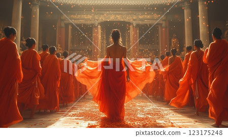 A woman in a flowing red dress walks through an ancient temple with sunlight streaming in and petals falling around her creating a serene atmosphere 123175248
