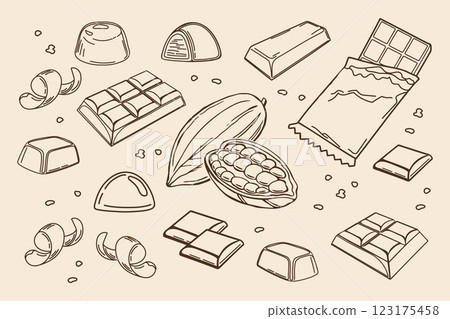 Chocolate set outline icons. Drawn candies, cocoa beans, chips and chocolate bar for confectionery shop.Illustration in sketch retro style 123175458