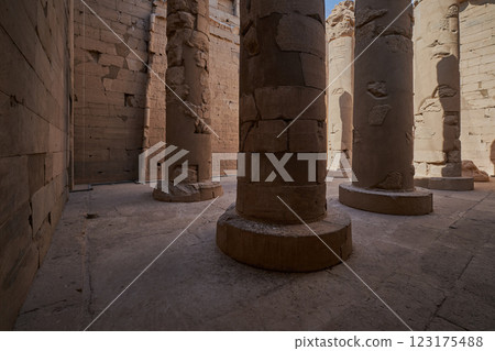 The Temple of Kalabsha an ancient Egyptian temple that was originally located at Bab al-Kalabsha (Gate of Kalabsha) 50 km south south of Aswan, Egypt. The Temple of Kalabsha an ancient Egyptian temple that was originally located at Bab al-Kalabsha (Gate of Kalabsha) 50 km south south of Aswan, Egypt. 123175488