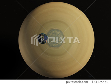 Size comparison of Earth and the massive hexagonal storm at Saturn's north pole against a starry background. Size comparison of Earth and the massive hexagonal storm at Saturn's north pole against a starry background. 123175549