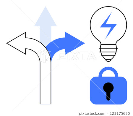 Three blue and grey directional arrows point left, straight, and right. Blue light bulb with a lightning bolt inside. Blue lock with keyhole. Ideal for business direction, choices, ideas, innovation 123175650
