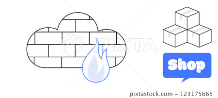 Cloud firewall with a flame, three stacked storage boxes, and a blue shop button. Ideal for online security, e-commerce, cloud storage, technology services, and data protection. Minimalist and modern Cloud firewall with a flame, three stacked storage boxes, and a blue shop button. Ideal for online security, e-commerce, cloud storage, technology services, and data protection. Minimalist and modern 123175665