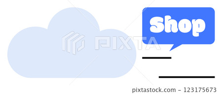 A blue cloud with the word Shop in a speech bubble. Ideal for e-commerce, cloud computing, digital business, online store, promotions. Simplistic aesthetic, flat design style A blue cloud with the word Shop in a speech bubble. Ideal for e-commerce, cloud computing, digital business, online store, promotions. Simplistic aesthetic, flat design style 123175673