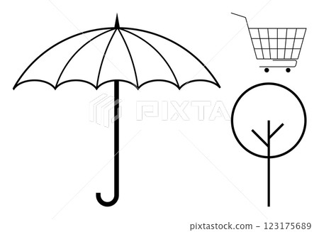 Black and white line drawings of an umbrella, shopping cart and a simplified tree. Ideal for art, simplicity, design, weather and shopping. These modern representations focus on minimalistic styles Black and white line drawings of an umbrella, shopping cart and a simplified tree. Ideal for art, simplicity, design, weather and shopping. These modern representations focus on minimalistic styles 123175689