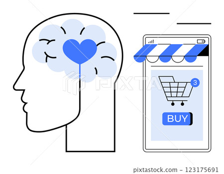 A human head with a heart-shaped brain, next to a smartphone displaying a shopping cart and a buy button. Ideal for online shopping, consumer psychology, e-commerce, digital marketing, and user 123175691